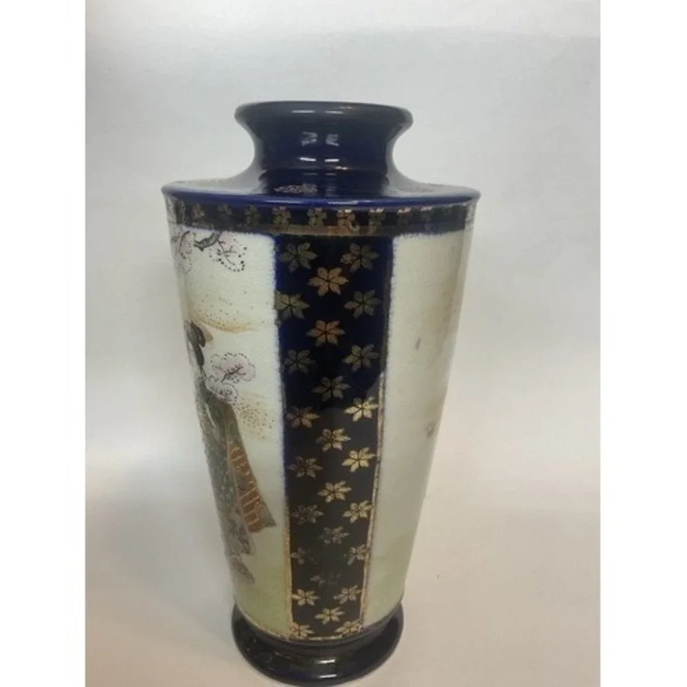 Cobalt Blue/Gold Hand Painted Geisha Satsuma Antique Style Japanese Vase 10